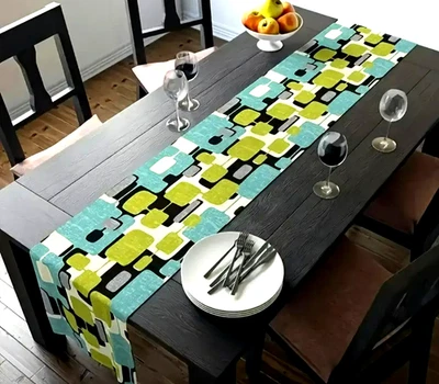 Retro-Geometric Abstract Table Runner - 72" x 13" - Polyester - Green Blue - Image 1 of 4