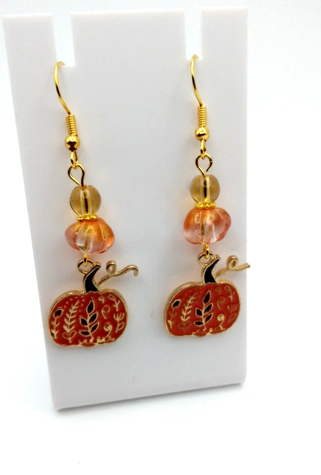 Pendientes Calabaza Esmaltada y Cuentas de Vidrio Pendientes Otoño Naranja Marrón Otoño EE. UU. Foto 1 de 3