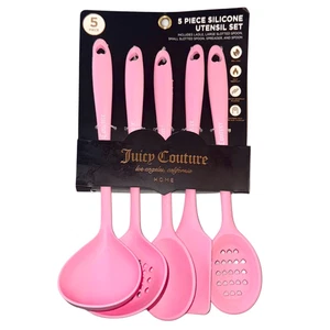 Juicy Couture Home 5-piece Pink Silicone Utensil Cooking Set w/ Heart Hang Holes - Picture 1 of 7