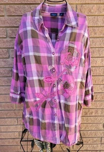 Westbound Woman Size 1X 100% Cotton Shirt Plaid Floral Blouse Embroidered Top - Picture 1 of 9