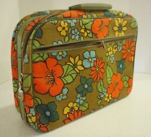 1960s Overnight Bag Suitcase Hippy Psychedelic Flower Power Orange Green