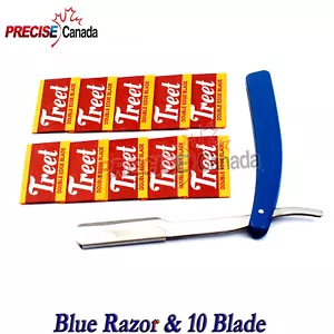 Barber Shaving Razor Plastic Blue Color Straight Cut Throat Salon 10 Free Blades - Picture 1 of 2