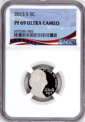 2013 S Proof Jefferson Nickel Graded PF69UC NGC OSR Sales Patriotic Label - Image 1 of 4