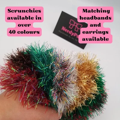 NERDYPUD Christmas scrunchie, Tinsel scrunchie, Crochet Scrunchie, Tinsel Hair, Sparkle