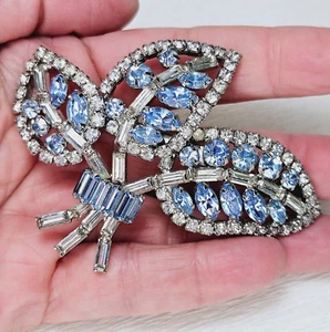 Vintage Gorgeous Rhinestone Brooch Mixed Shapes Lt Blue Leaves 3.25" - Picture 1 of 6