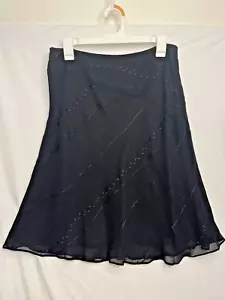 Ann Taylor Black 100% Silk A Line Embroidered Floral Skirt Career Office Attire - Picture 1 of 13