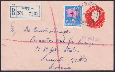 1969 Australia uprated 5c Stationery Envelope;Darwin;Reg'Airmail;Darwin:Tasmania Cover