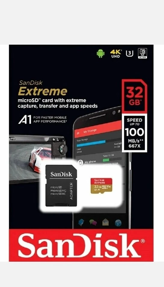 SanDisk® Extreme® 32GB microSDHC UHS-I Card C10, V30, U3, A1 100MB/s + Adapter- - Image 1 of 1