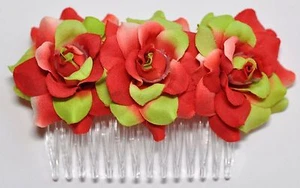 4" Red & Green Rose Roses Silk Flower HAIR COMB Wedding Bridesmaid Bridal - Picture 1 of 1