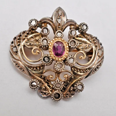 Pendentif Ancien Ou Broche, Or Jaune 750 / 18 Carats, Rubis, Diamants - Photo 1/4