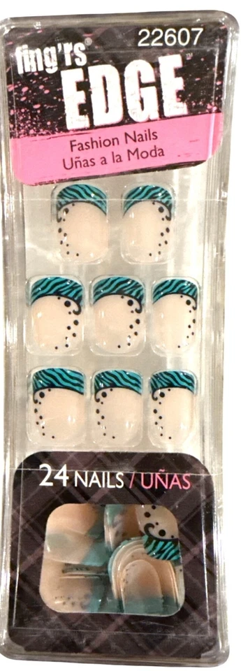 FING'RS Press-On 24 个指甲边缘短方形法国 SERENGETI+DOTS 蓝色+米色 — 第 1/1 张图片