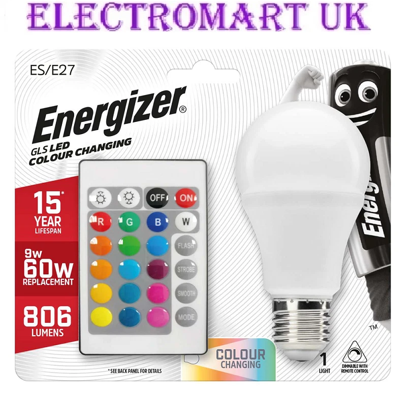 ENERGIZER 9W EQUIV 60W LED REMOTE CONTROL RGB COLOUR CHANGE LIGHT BULB ES E27 - Image 1 of 1