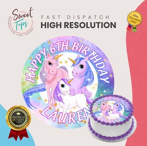 UNICORN ROUND EDIBLE BIRTHDAY CAKE TOPPER DECORATION PERSONALISED - Picture 1 of 1