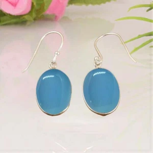 Fino Aqua Calcedonia Gema 925 Plata de Ley Hecho a Mano Pendientes S-41 - Imagen 1 de 5