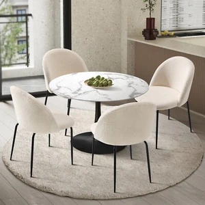 Oikiture 90cm Round Dining Table with 4PCS Dining Chairs Sherpa White - Picture 1 of 10