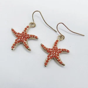 Orange Faux Coral Starfish Dangle Earrings Gold Tone Cute Boho Beach Fun * - Picture 1 of 10