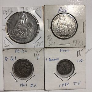 Perú Un Sol 1869, 1/2 Silver 1923, 1/5 Sol 1901, 1 Dinero 1892 Lot 4 Coins Nice