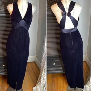 90s Vintage De Laru Linda Bernell Velvet Gown Front Slit Bow Rhinestone Size 5/6 - Picture 1 of 16