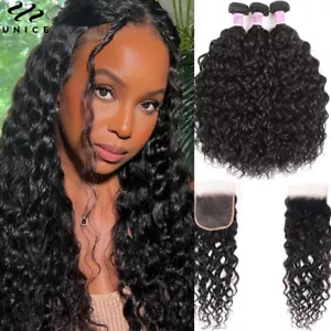 UNice Peruvian Water Wave Human Hair Extension 3 Bundles With Lace Closure Curly - Picture 1 of 12