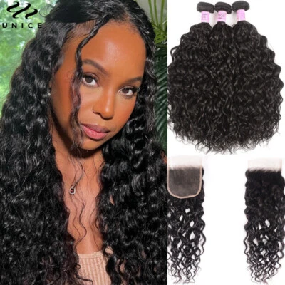 Extensión de cabello humano UNICE PERUANA ONDA DE AGUA 3 paquetes con cierre de encaje rizado Foto 1 de 4