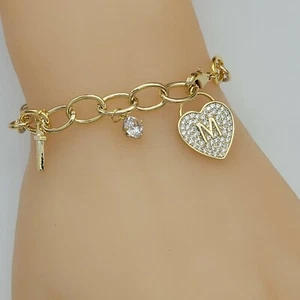 14K Gold Plated. Heart M Cross Charms Chain Bracelet - Small Wrists 6.5in - Picture 1 of 6