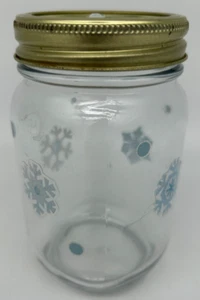 Mason Jar Blue Snowflakes 5" Glass with Metal Lids~USED~Merry Christmas Snowman - Picture 1 of 5