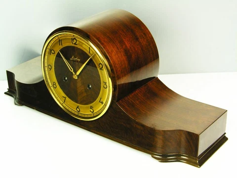 JUNGHANS PURE  ART DECO  CHIMING MANTEL CLOCK  BLACK FOREST WITH  NUT WOOD Cover
