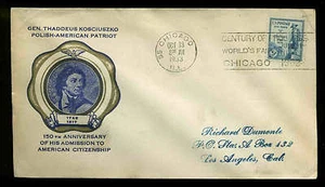 734 KOSCIUSZKO FDC CHICAGO, IL 10/13/33 PLANTY #P1 RICE CACHET - Picture 1 of 1