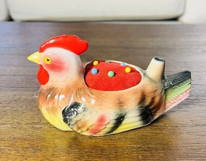 Rooster/Chicken Pin Cushion With Tape Measure & Thimble Holder Ceramic Japan Vtg - Picture 1 of 8