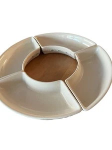 Longaberger Acacia Wood Base Lazy Susan 4 Crescent Ceramic Bowls Blue Design - Picture 1 of 7