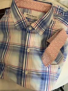 Camisa Tommy Bahama Manga Larga Sarasota Elastizada Para Hombre M Cuadros Azul Rosa Cuello - Imagen 1 de 5