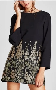 Zara Black Golden Floral Embroidery Structured Long Mini Dress, Size Small, NEW - Picture 1 of 6