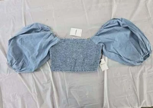 Top corto FOREVER 21 talla pequeña azul de mezclilla mangas abullonadas 1/2 para mujer - Imagen 1 de 2