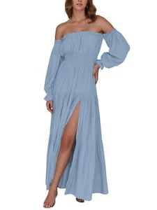 Sexy Maxi Vestido Para Mujer Fuera del Hombro Manga Larga Cintura Alta Lateral Dividido Largo - Imagen 1 de 13