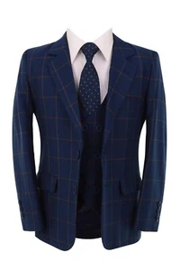 Boys Windowpane Check Suit Woven Effect Navy Blue Wedding Prom Retro 5 Piece Set - Picture 1 of 9