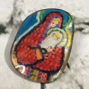 Spilla Smaltata Vintage Madre Maria Bambino Gesù Cristiano Gioielli da Collezione - Foto 1 di 3