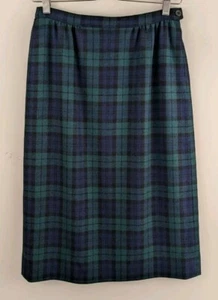 Vintage Pendleton Wool Plaid Straight Skirt 8 Petite Black Watch Tartan Midi 8P - Picture 1 of 8