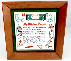 Vintage Kitchen Prayer Tile Wall Plaque Wall Art Frame Japan 1970s 6" Square - Picture 1 of 9