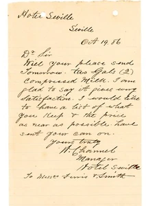 1886 Antique Signed Handwritten Letter Hotel Seville Request for Condensed Milk - Picture 1 of 2