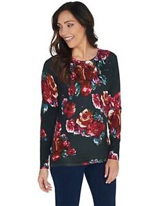 Quacker Factory Pine Floral Long-Sleeve Crew Neck Sparkle Sweater New