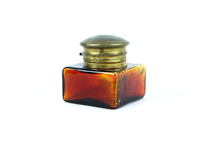 Vintage Amber Glass Ink Pot: Brass Fitted Cap, Small Collectible Inkwell