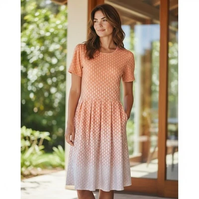 Lularoe Amelia Pleated Dress Orange Coral Arrows Dots Ombré Dip Size XL Flare - Image 1 of 4