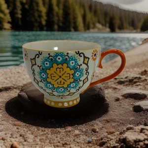 Anthropologie Dutch Wax Handpainted Coffee Mug 16 oz Flowers - Picture 1 of 4