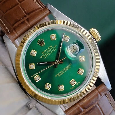 Rolex Mens Datejust 16013 Watch 18KY & Steel Green Diamond Dial Leather Band - Image 1 of 4
