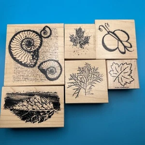 CLUB SCRAP Wood RUBBER STAMP Lot of 6, Nature Theme Leaves Leaf Butterfly Shell - Picture 1 of 3