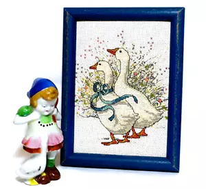 Vintage Framed Needlework & Porcelain Figurine Girl with Geese 2 - Picture 1 of 9