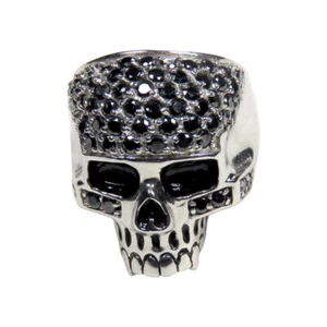 Men's Stainless Steel Skull Ring Studded with Black Cubic Zirconia - Picture 1 of 3