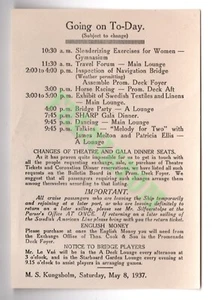 8. Mai 1937 Swedish American Line Kungsholm "Going on To-Day" Flyer - Bild 1 von 1