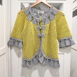 Vtg Rico Cardigan Medium Yellow Grey Open Knit Ruffle 100% Cotton Cottagecore - Picture 1 of 8