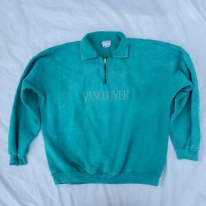 Vintage 1/4 Zip Pullover Vancouver Canada Sweatshirt Sun faded Baggy 80s Teal XL
